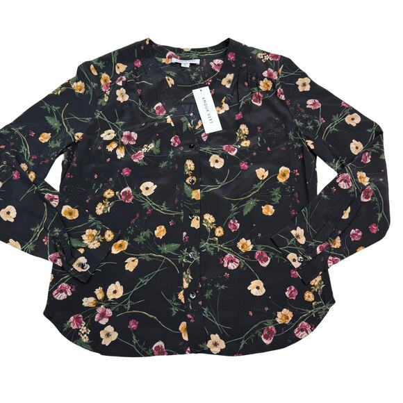 Amour Vert Kaya Washable Silk Blouse Margeuritte Black Floral Size M NWT Classic - Picture 1 of 16